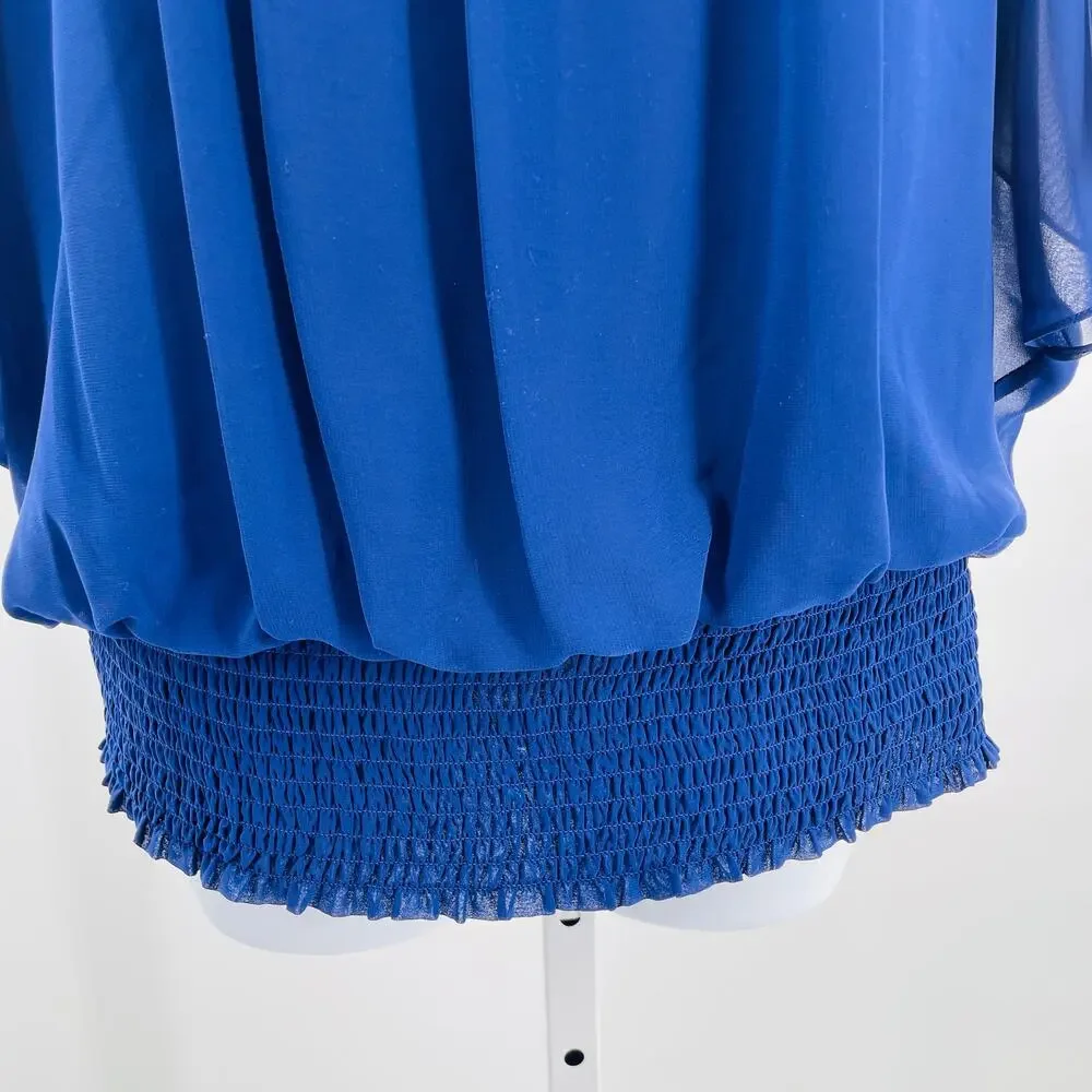 JR Nites by Carol Lin Blue Chiffon Sequin Neck Short Dolman Sleeve Dressy Top 14 - Picture 5 of 9